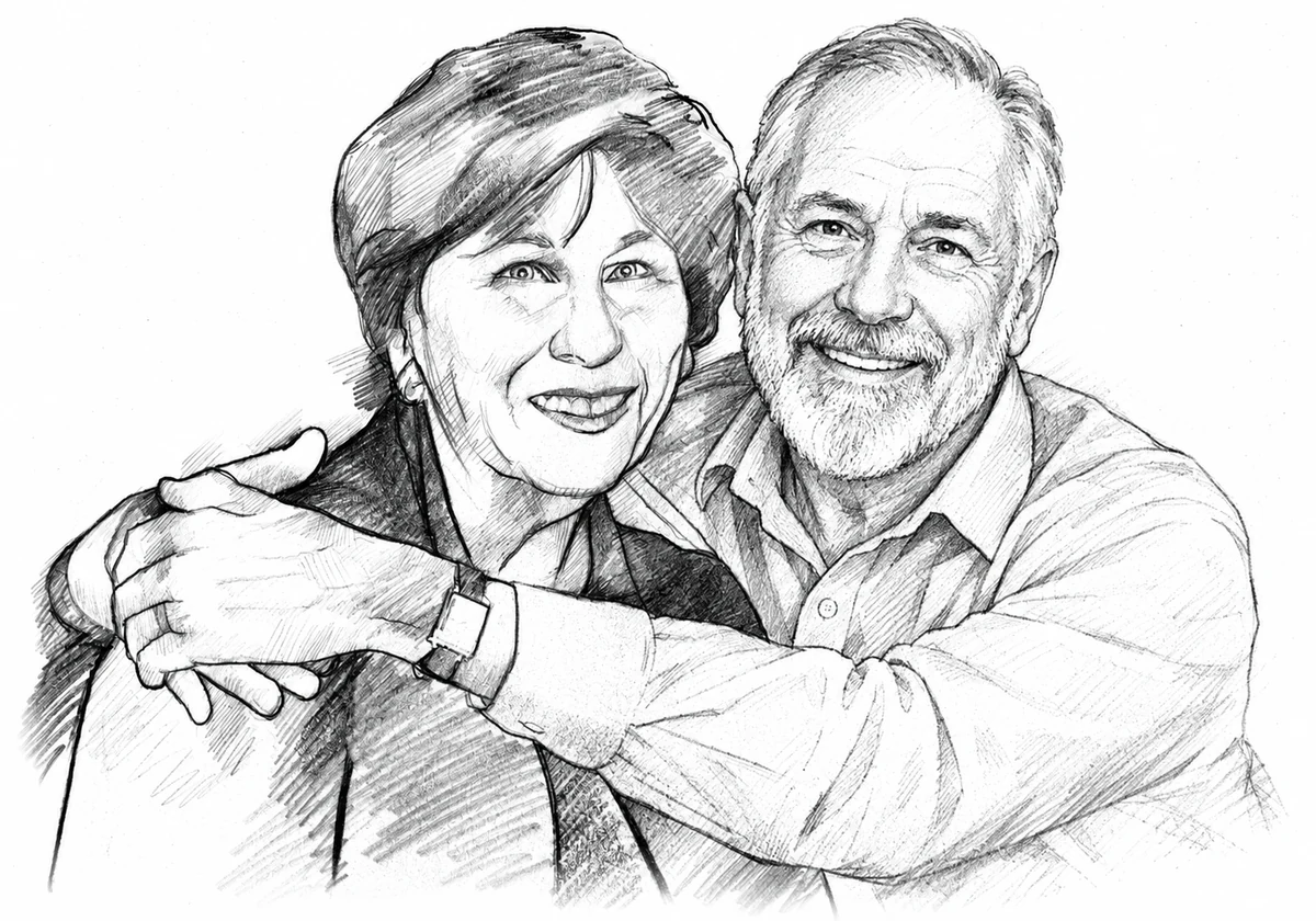 Pencil illustration of an older woman and a bearded man smiling and embracing