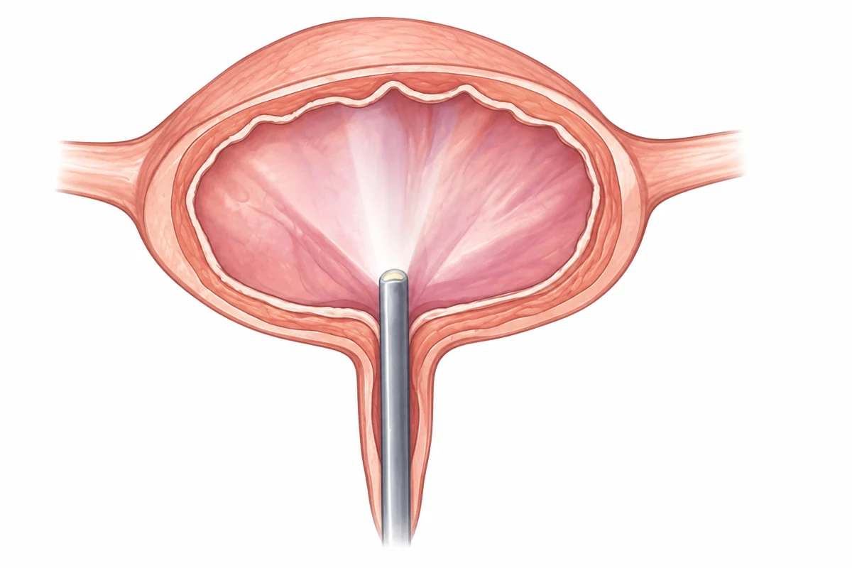 Medical illustration of a cystoscope used to view the inside of the bladder